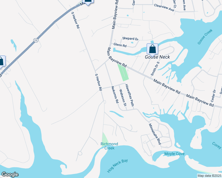 map of restaurants, bars, coffee shops, grocery stores, and more near 1040 Nakomis Road in Southold