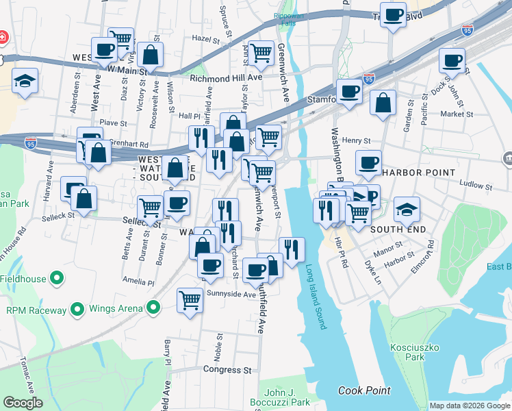 map of restaurants, bars, coffee shops, grocery stores, and more near 281 Greenwich Avenue in Stamford