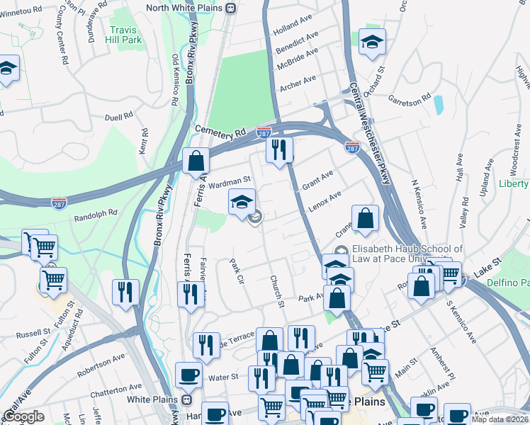 map of restaurants, bars, coffee shops, grocery stores, and more near 278 Church Street in White Plains
