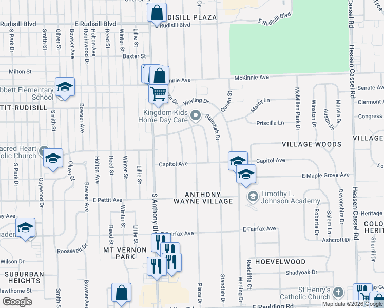 map of restaurants, bars, coffee shops, grocery stores, and more near 4514 Plaza Drive in Fort Wayne