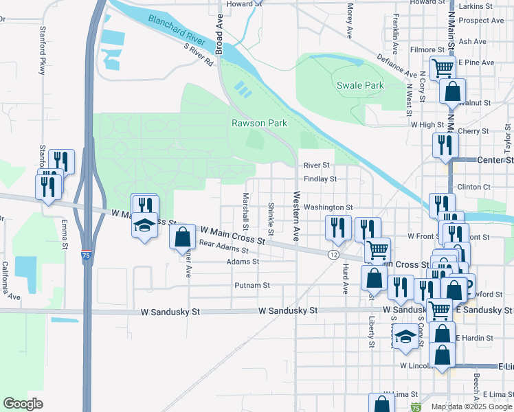 map of restaurants, bars, coffee shops, grocery stores, and more near 826 Washington Street in Findlay