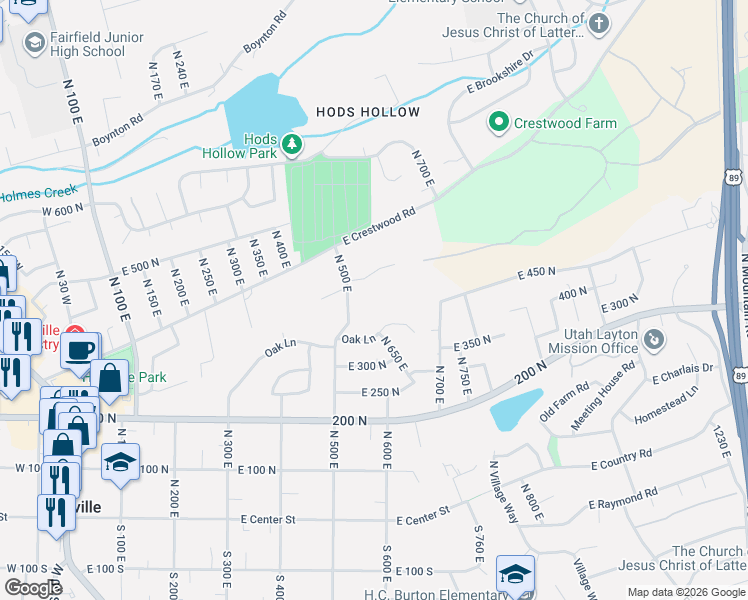 map of restaurants, bars, coffee shops, grocery stores, and more near 657 Oak Lane in Kaysville