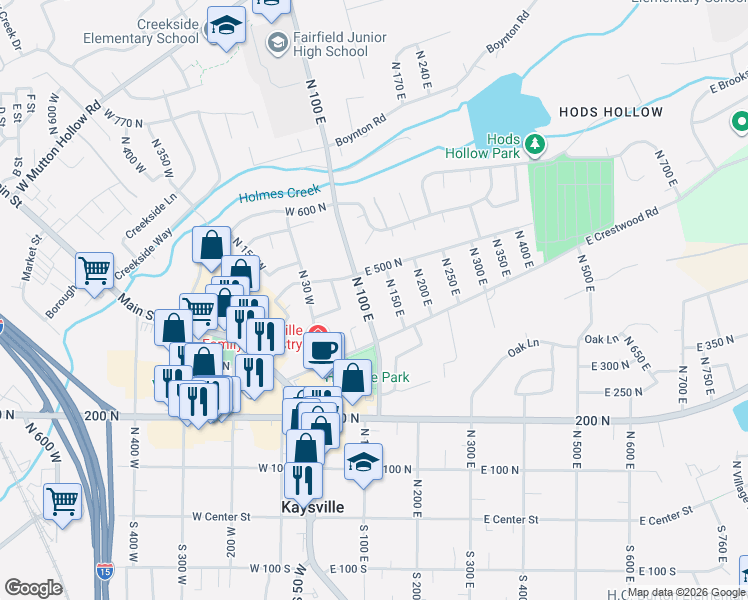 map of restaurants, bars, coffee shops, grocery stores, and more near 422 North 100 East in Kaysville