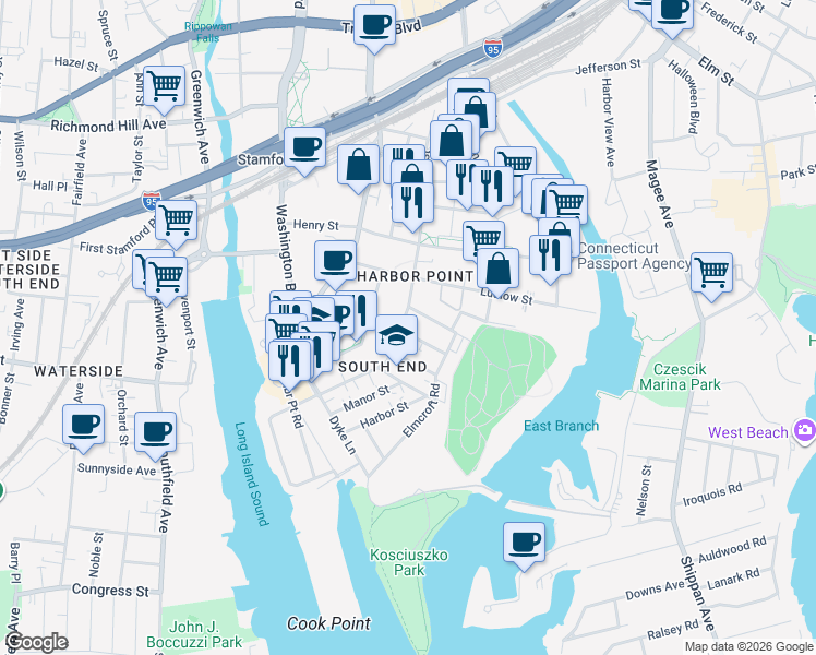 map of restaurants, bars, coffee shops, grocery stores, and more near 18 East Walnut Street in Stamford