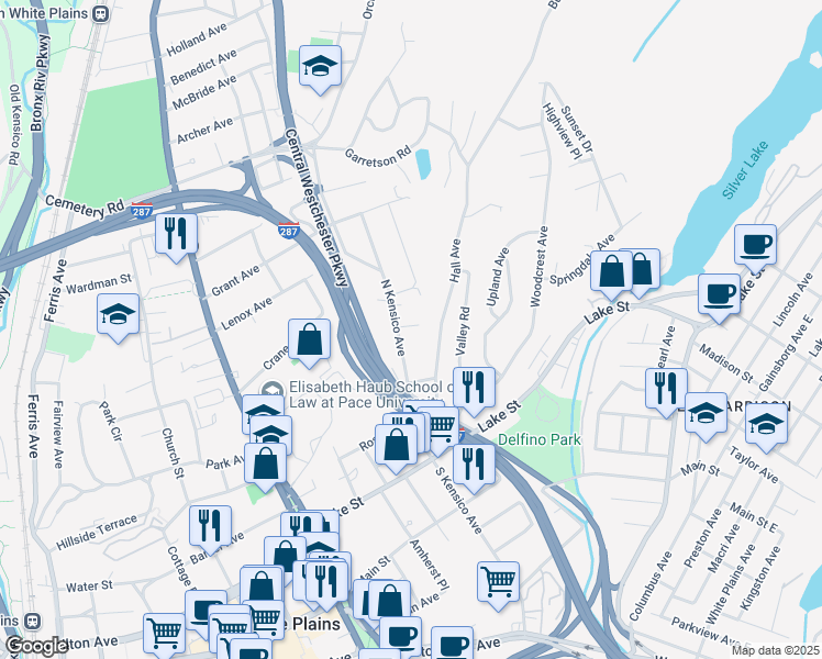 map of restaurants, bars, coffee shops, grocery stores, and more near 99 North Kensico Avenue in White Plains