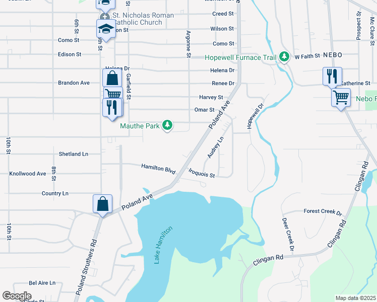 map of restaurants, bars, coffee shops, grocery stores, and more near 621 Poland Avenue in Struthers