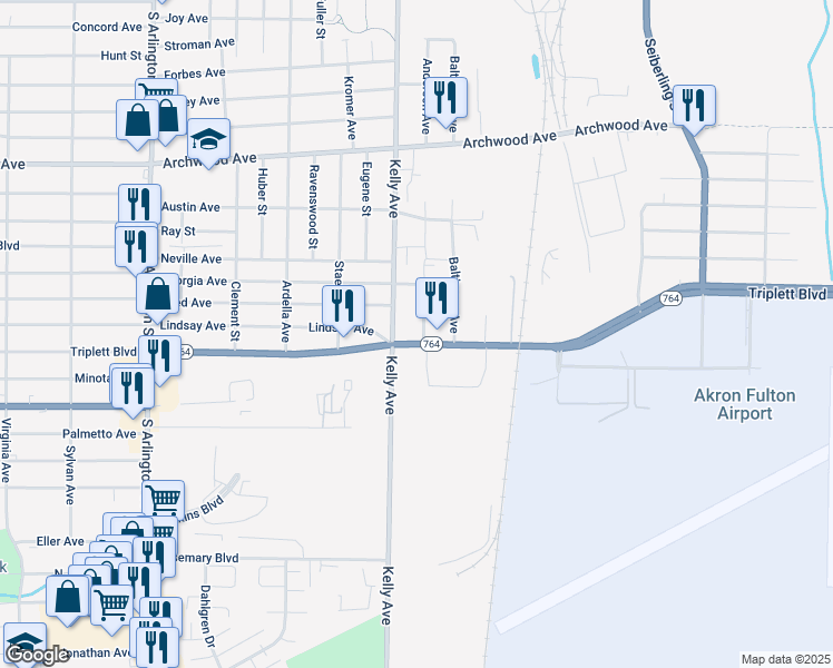 map of restaurants, bars, coffee shops, grocery stores, and more near 1260 Triplett Boulevard in Akron