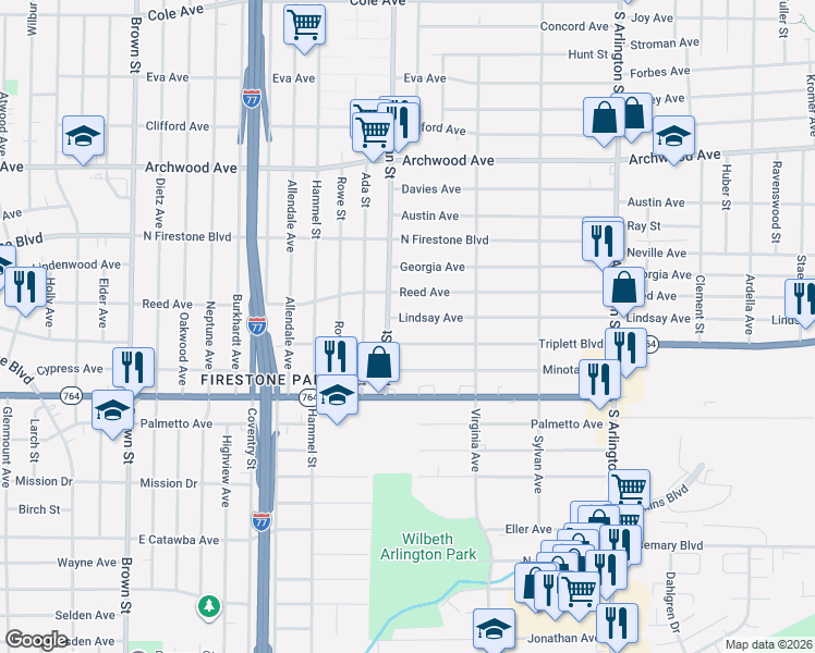 map of restaurants, bars, coffee shops, grocery stores, and more near 765 Triplett Boulevard in Akron
