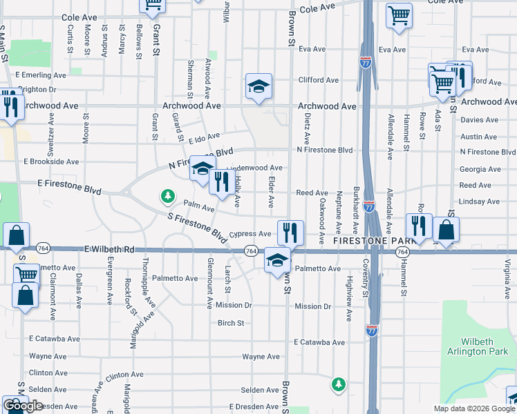 map of restaurants, bars, coffee shops, grocery stores, and more near 429 Palm Avenue in Akron