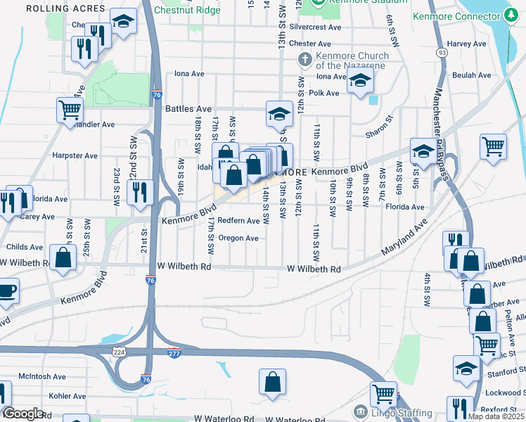 map of restaurants, bars, coffee shops, grocery stores, and more near 2283 14th Street Southwest in Akron