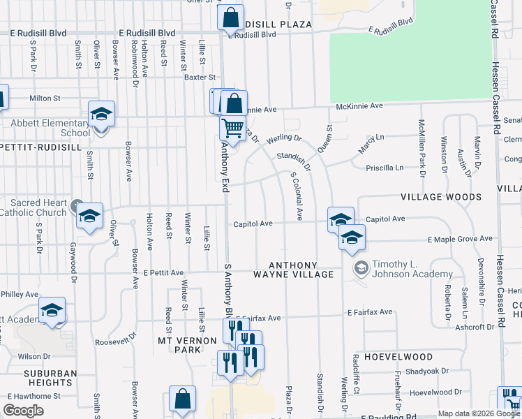 map of restaurants, bars, coffee shops, grocery stores, and more near 4509 Southwest Anthony Wayne Drive in Fort Wayne