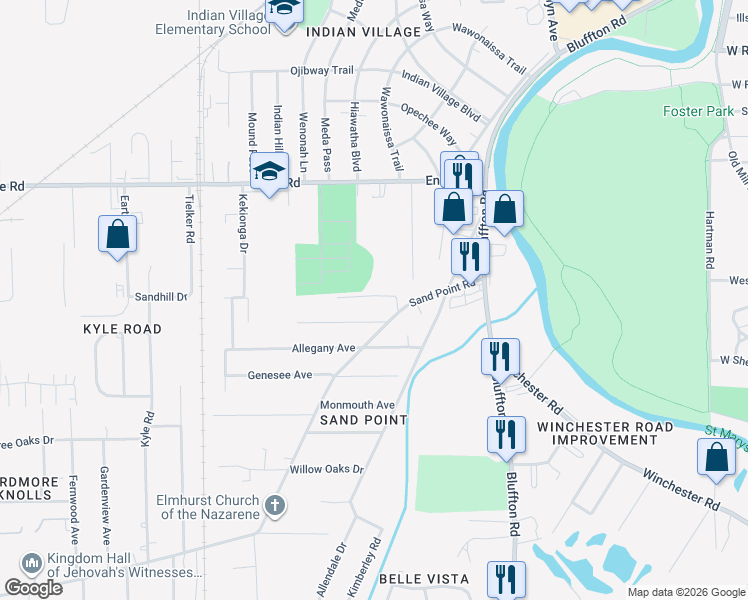 map of restaurants, bars, coffee shops, grocery stores, and more near 2402 Sand Point Road in Fort Wayne