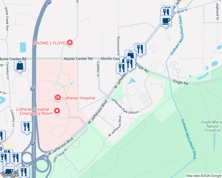 map of restaurants, bars, coffee shops, grocery stores, and more near 4411-4499 Cadillac Drive in Fort Wayne