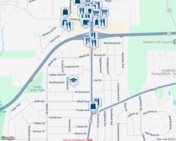 map of restaurants, bars, coffee shops, grocery stores, and more near 113 Valley View Drive in Wadsworth