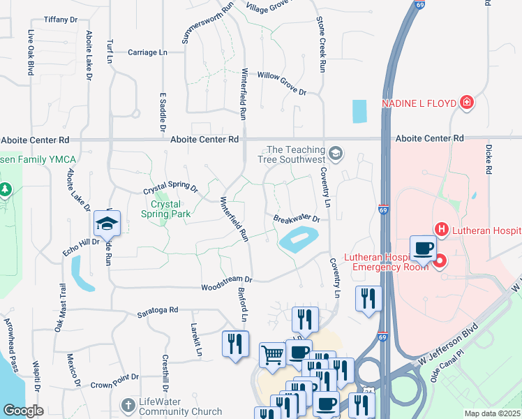 map of restaurants, bars, coffee shops, grocery stores, and more near 4530 Bridgetown Run in Fort Wayne