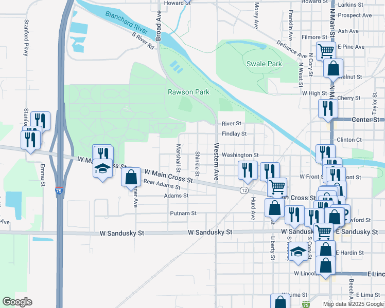map of restaurants, bars, coffee shops, grocery stores, and more near 826 Washington Street in Findlay