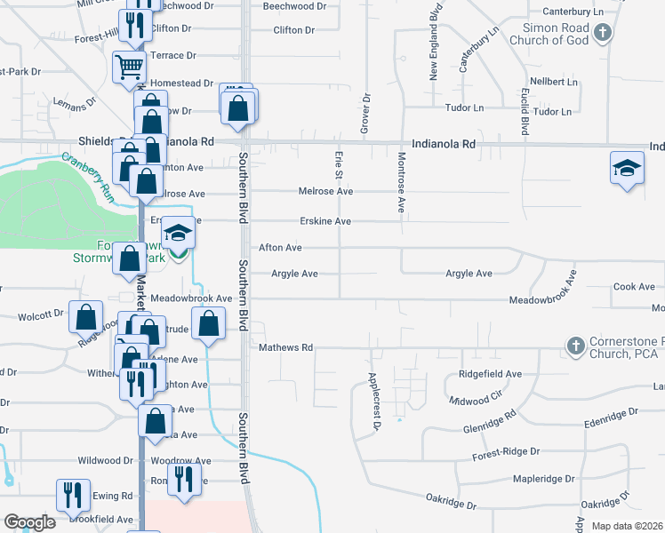 map of restaurants, bars, coffee shops, grocery stores, and more near 197 Argyle Avenue in Youngstown