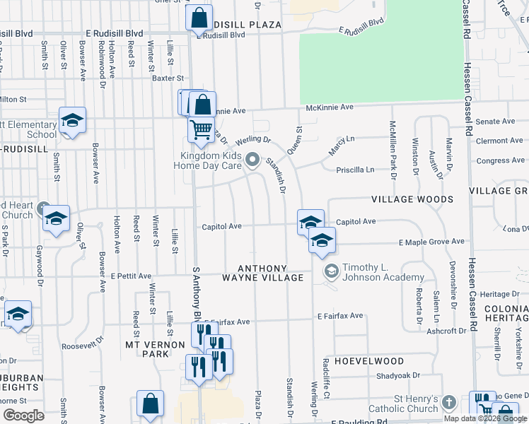 map of restaurants, bars, coffee shops, grocery stores, and more near 4515 South Colonial Avenue in Fort Wayne