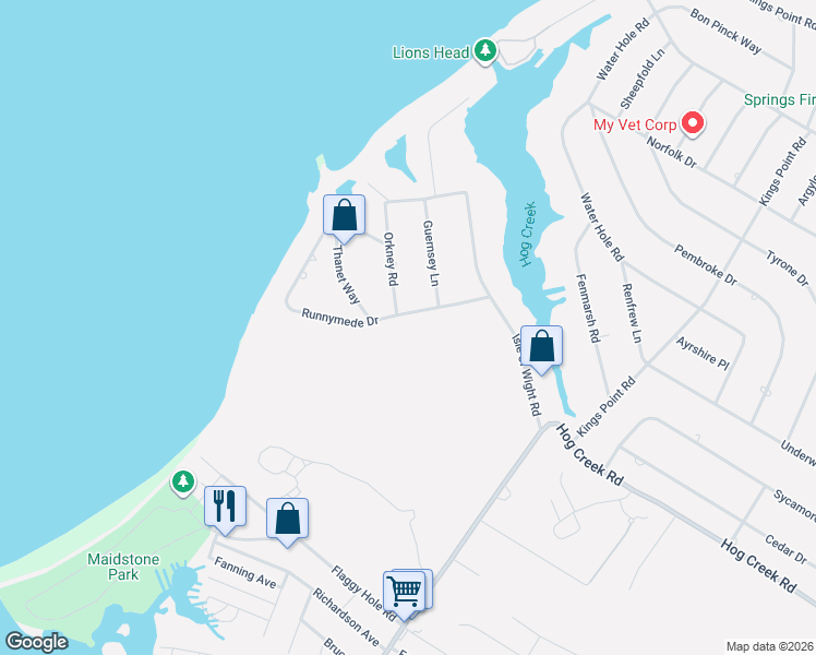 map of restaurants, bars, coffee shops, grocery stores, and more near 38 Runnymede Drive in East Hampton