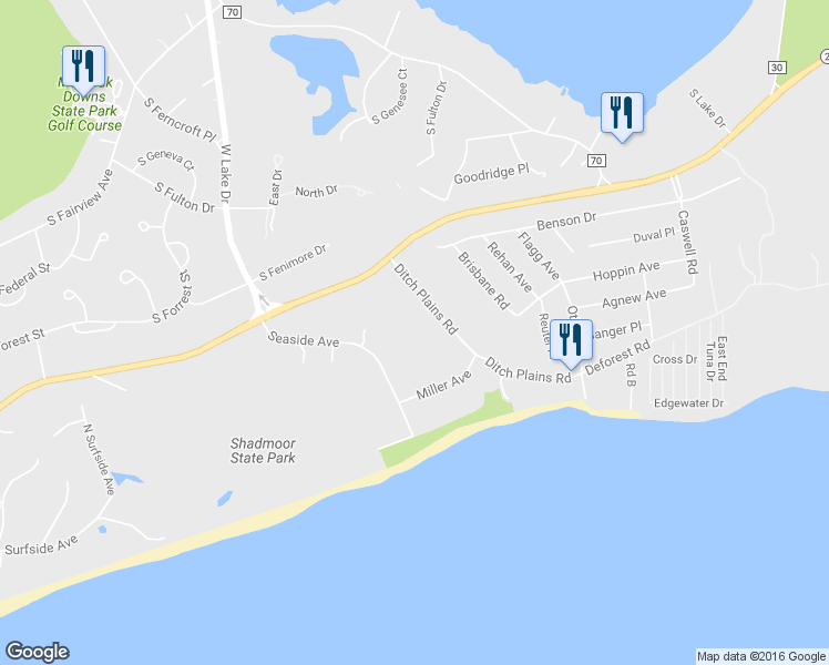 map of restaurants, bars, coffee shops, grocery stores, and more near 28 Ditch Plains Road in Montauk