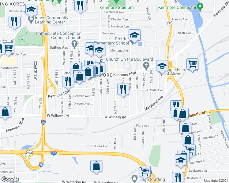 map of restaurants, bars, coffee shops, grocery stores, and more near 2277 11th Street Southwest in Akron
