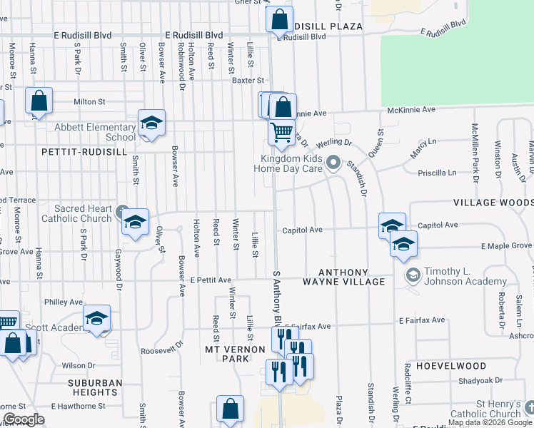 map of restaurants, bars, coffee shops, grocery stores, and more near 1714 Capitol Avenue in Fort Wayne