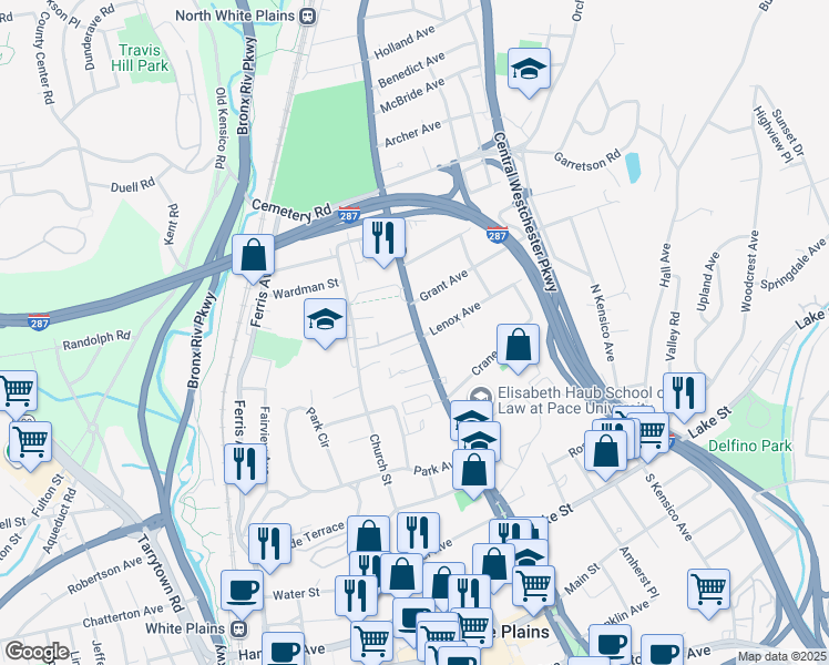 map of restaurants, bars, coffee shops, grocery stores, and more near 109 North Broadway in White Plains