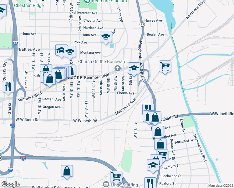map of restaurants, bars, coffee shops, grocery stores, and more near 2259 7th Street Southwest in Akron