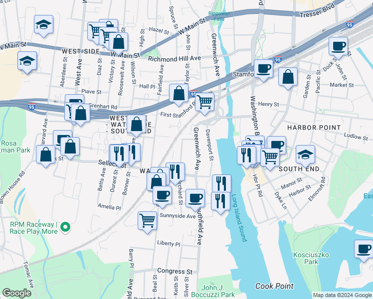map of restaurants, bars, coffee shops, grocery stores, and more near 35 Orchard Street in Stamford