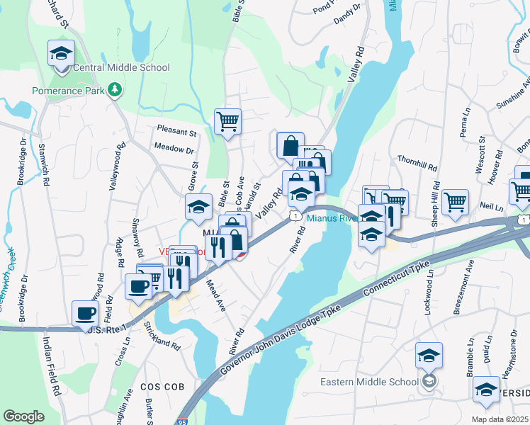 map of restaurants, bars, coffee shops, grocery stores, and more near 510 East Putnam Avenue in Greenwich