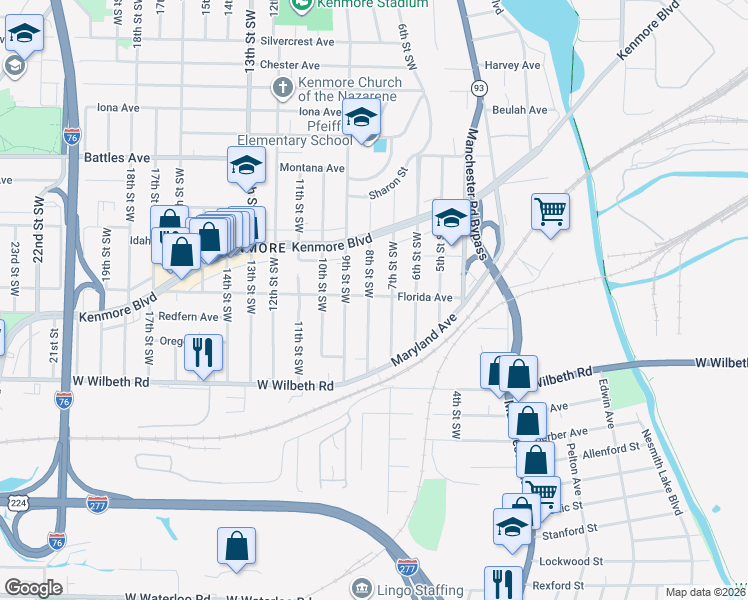 map of restaurants, bars, coffee shops, grocery stores, and more near 2275 8th Street Southwest in Akron