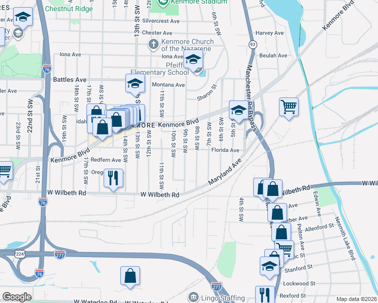 map of restaurants, bars, coffee shops, grocery stores, and more near 2280 9th Street Southwest in Akron