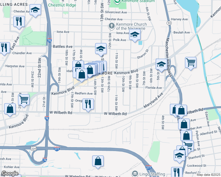 map of restaurants, bars, coffee shops, grocery stores, and more near 2280 12th Street Southwest in Akron