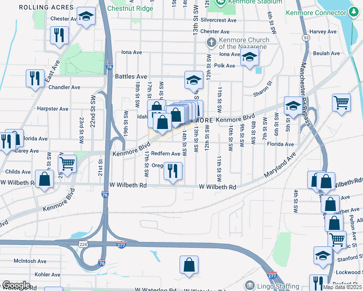 map of restaurants, bars, coffee shops, grocery stores, and more near 2283 14th Street Southwest in Akron