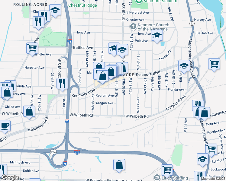 map of restaurants, bars, coffee shops, grocery stores, and more near 901 Redfern Avenue in Akron