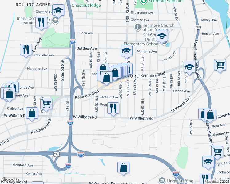 map of restaurants, bars, coffee shops, grocery stores, and more near 901 Redfern Avenue in Akron