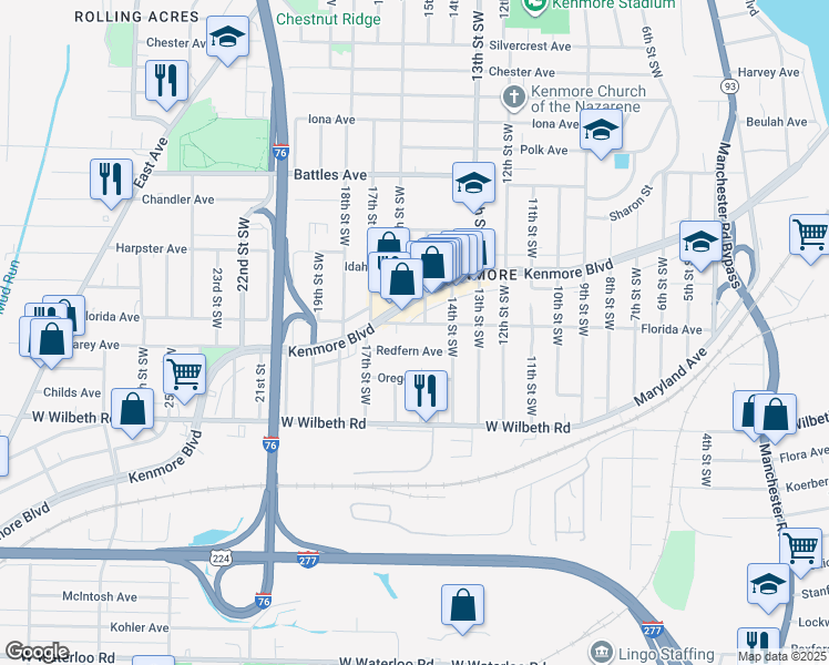 map of restaurants, bars, coffee shops, grocery stores, and more near 901 Redfern Avenue in Akron