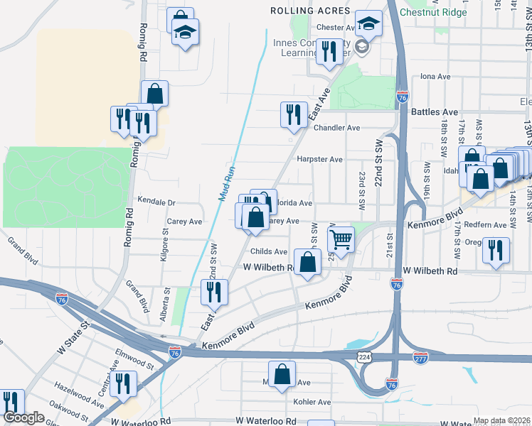 map of restaurants, bars, coffee shops, grocery stores, and more near 1274 Carey Avenue in Akron