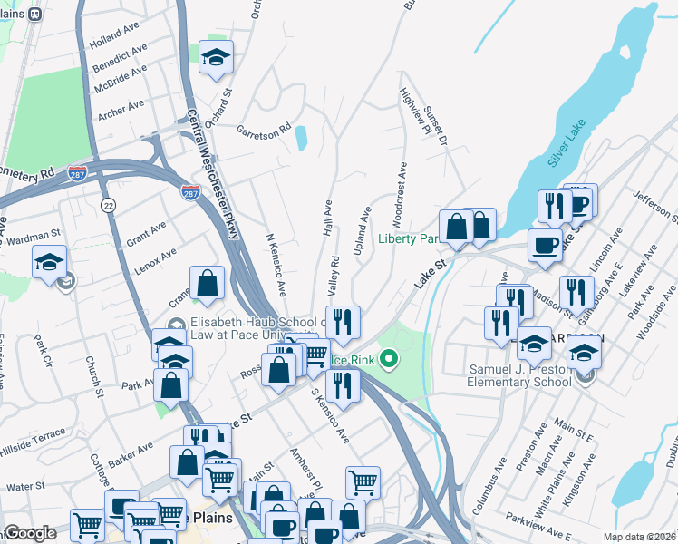 map of restaurants, bars, coffee shops, grocery stores, and more near 50 Valley Road in White Plains