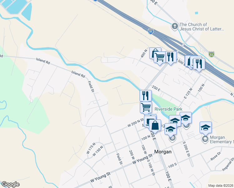 map of restaurants, bars, coffee shops, grocery stores, and more near 377 North 100 West in Morgan