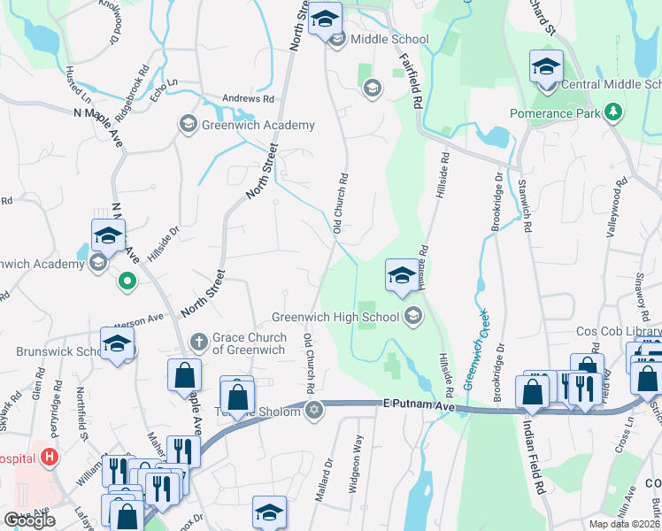 map of restaurants, bars, coffee shops, grocery stores, and more near 119 Old Church Road in Greenwich