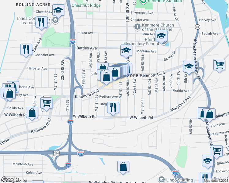 map of restaurants, bars, coffee shops, grocery stores, and more near 901 Redfern Avenue in Akron