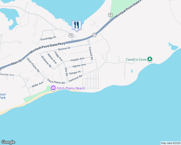 map of restaurants, bars, coffee shops, grocery stores, and more near 100 Deforest Road in Montauk