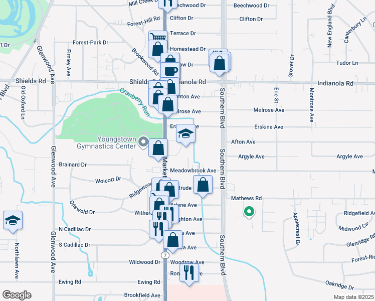 map of restaurants, bars, coffee shops, grocery stores, and more near 5555 Market Street in Youngstown