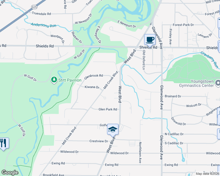 map of restaurants, bars, coffee shops, grocery stores, and more near 5555 Mill Creek Boulevard in Youngstown