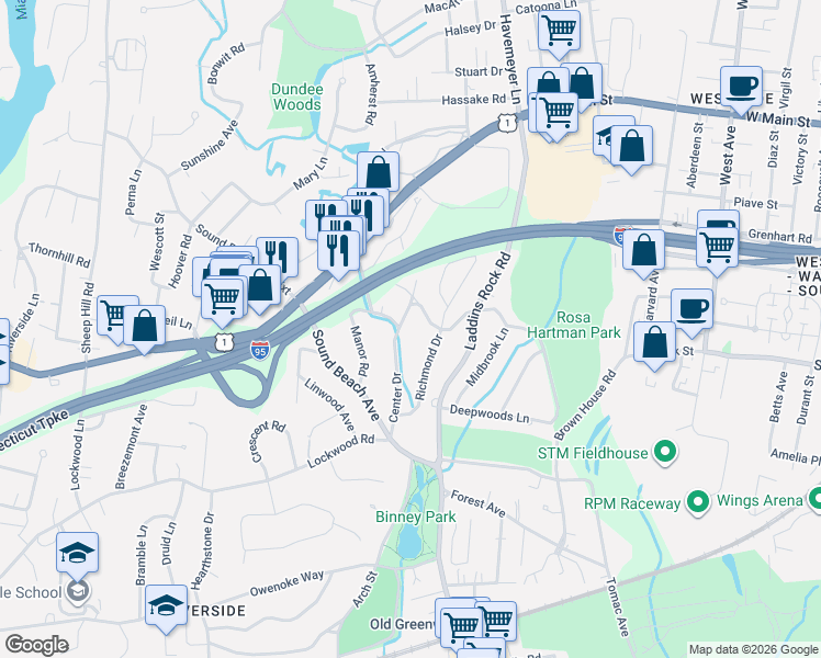 map of restaurants, bars, coffee shops, grocery stores, and more near 33 Center Drive in Greenwich