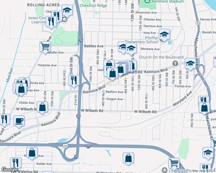 map of restaurants, bars, coffee shops, grocery stores, and more near 940 Florida Avenue in Akron