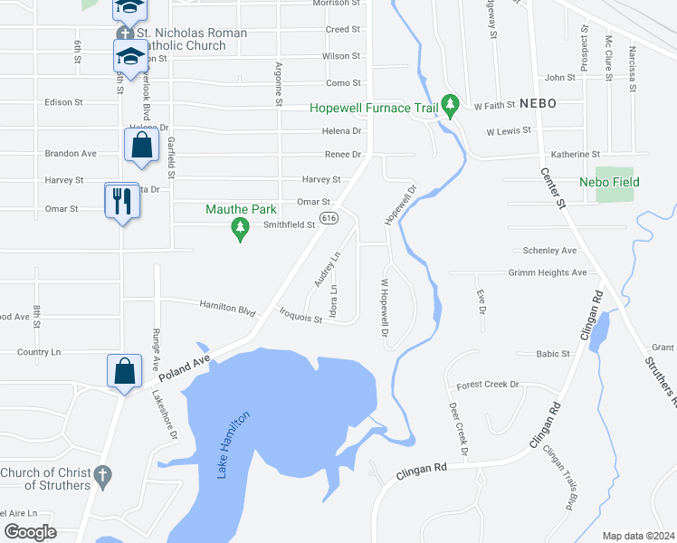 map of restaurants, bars, coffee shops, grocery stores, and more near 560 Idora Lane in Struthers