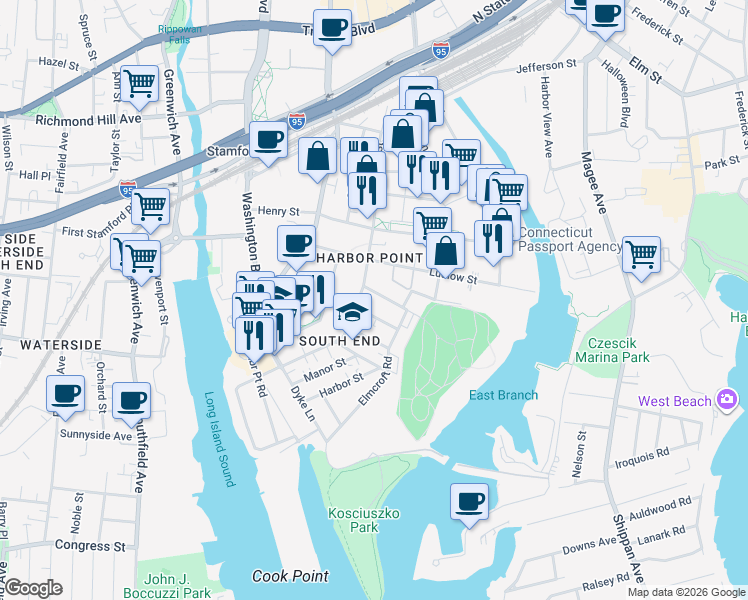 map of restaurants, bars, coffee shops, grocery stores, and more near 18 East Walnut Street in Stamford
