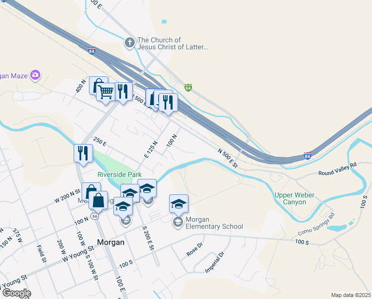 map of restaurants, bars, coffee shops, grocery stores, and more near 41 400 East in Morgan